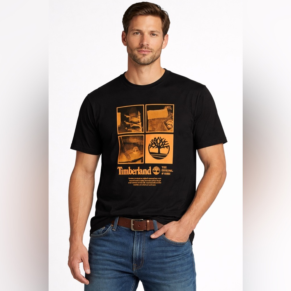 Timberland Men’s Graphic T Shirt NWT $99 Black Orange Cotton Outdoors